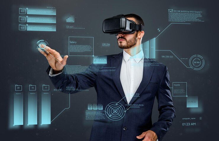 Male Suit With Virtual Reality Glasses His Head Working Virtual Financial World 613910 310