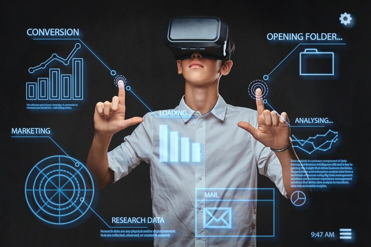 Teenager Dressed White T Shirt Using Virtual Reality Glasses With Graph Charts Numbers Lines Technology Concept 613910 5157