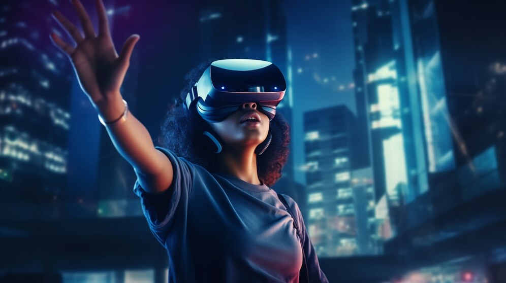 Woman With Vr Glasses Futuristic City 23 2150904772