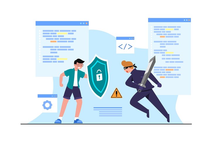 Young Man With Shield Against Criminal Conspiracy Thief Man Black Mask With Sword Protection Idea Software Access Data As Confidential Flat Illustration 1150 39292